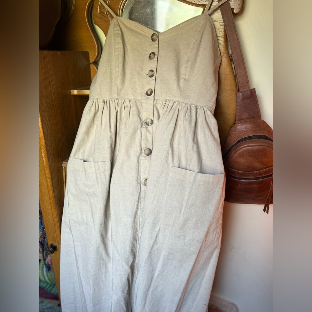 Beige Linen Blend Button-Down Midi Dress